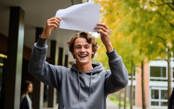 An excited boy holding papers aloft